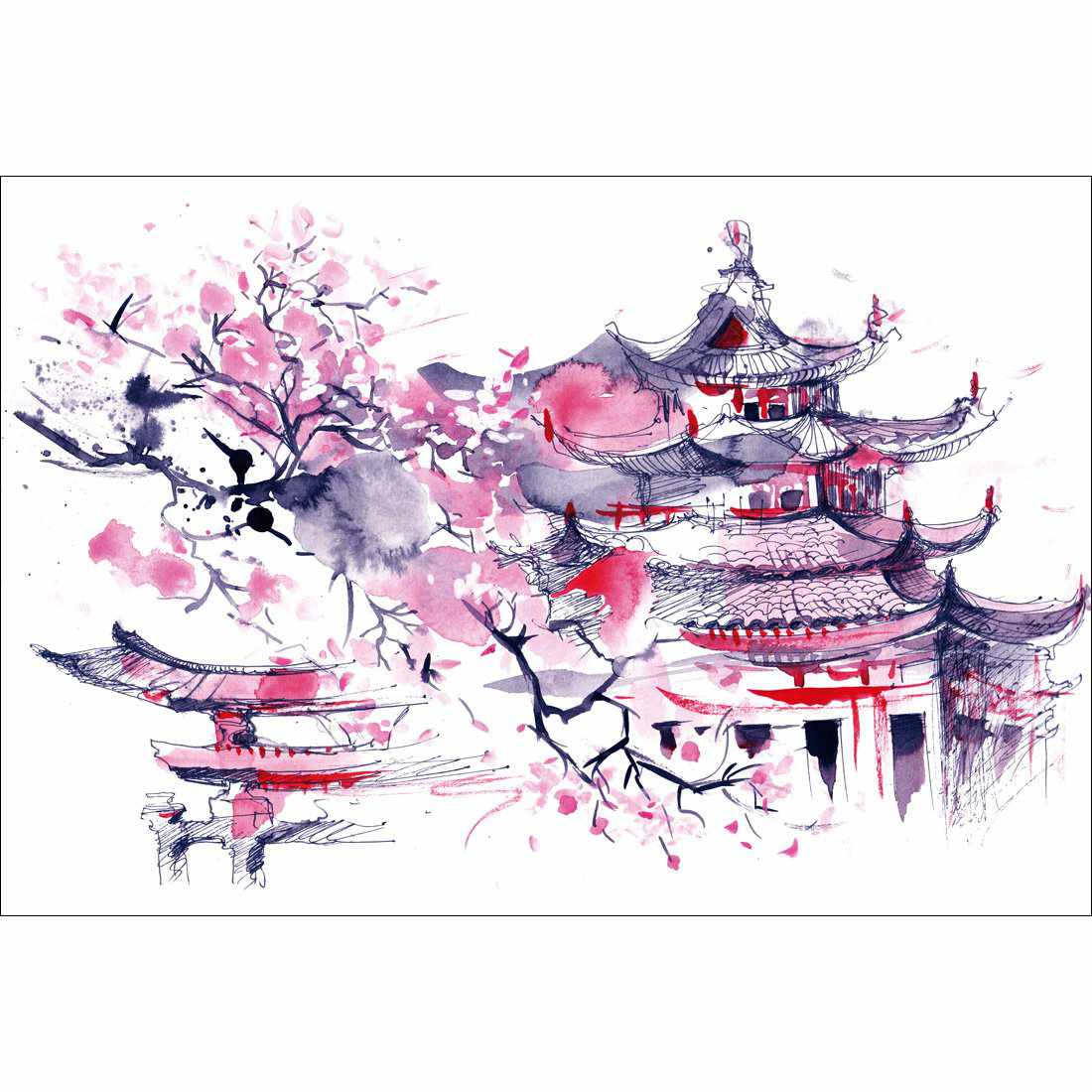 Temple Watercoloured Canvas Art