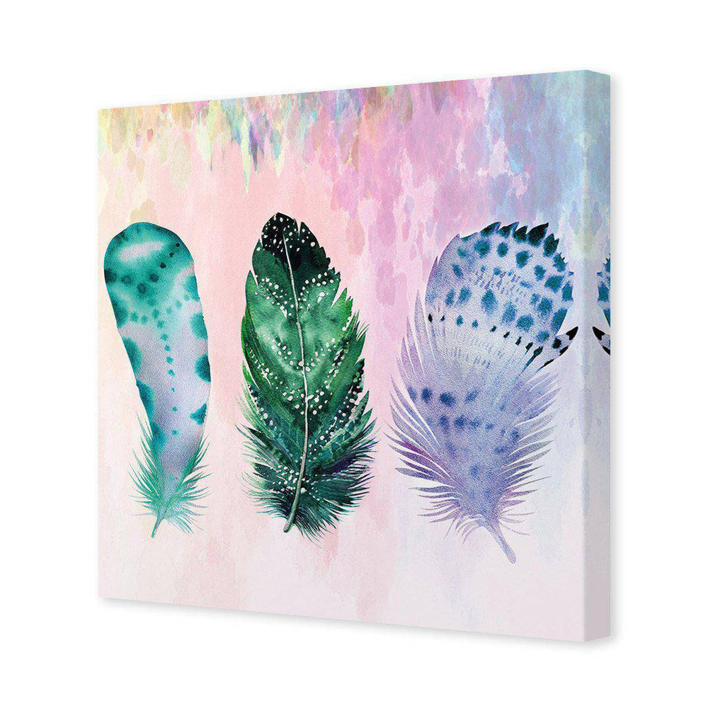 Boho Feathers, Teal, Square Canvas Art