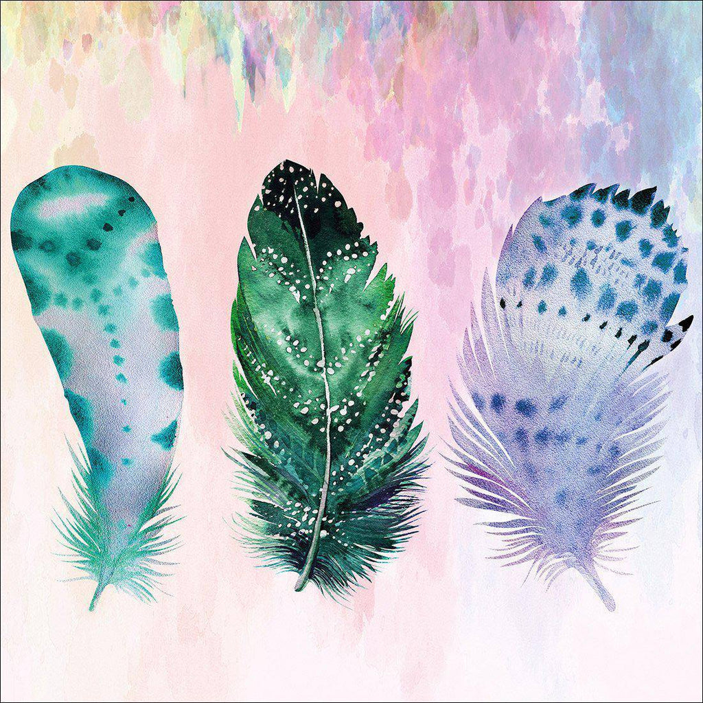 Boho Feathers, Teal, Square Canvas Art