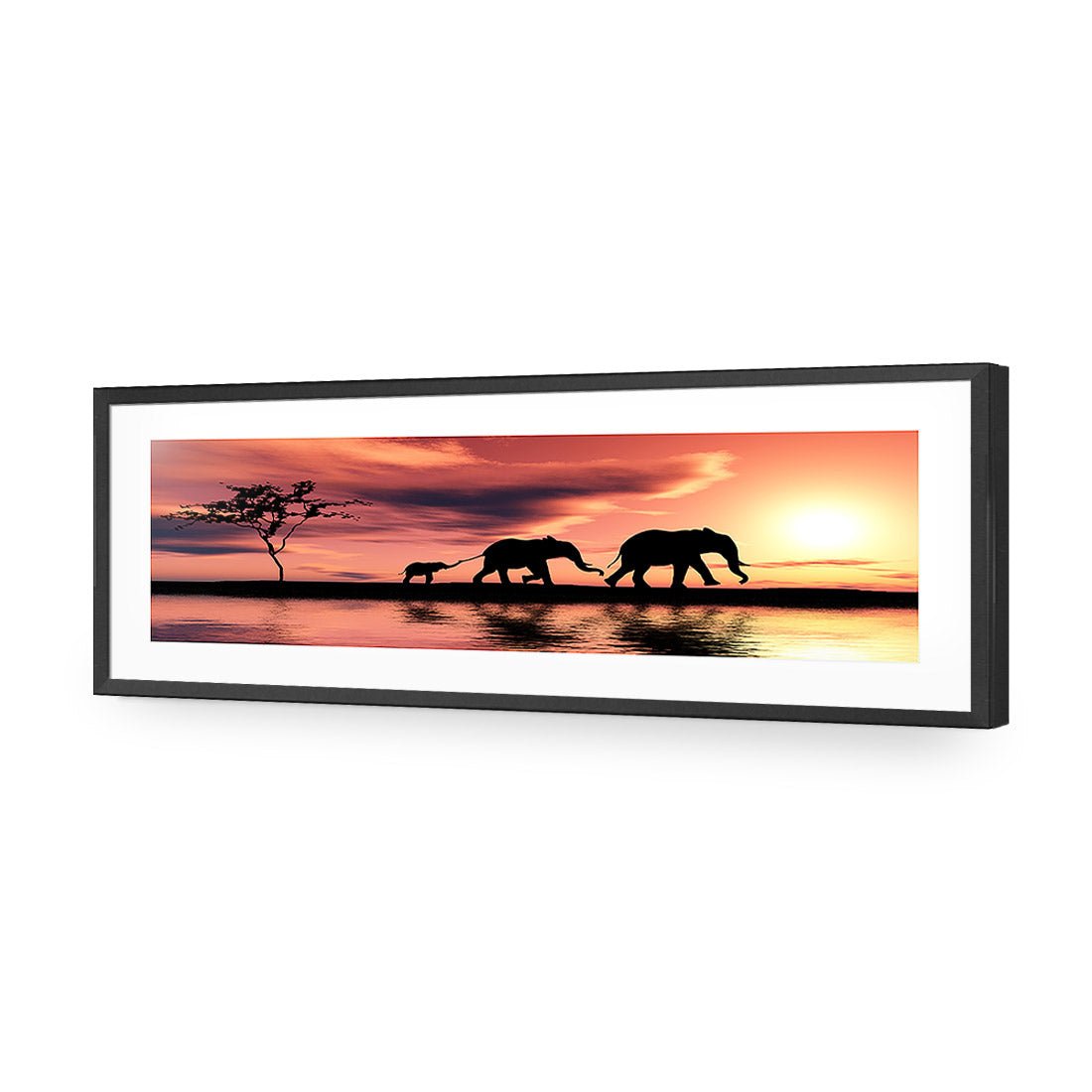 Family of Elephants at Sunset, Long Acrylic Print Art