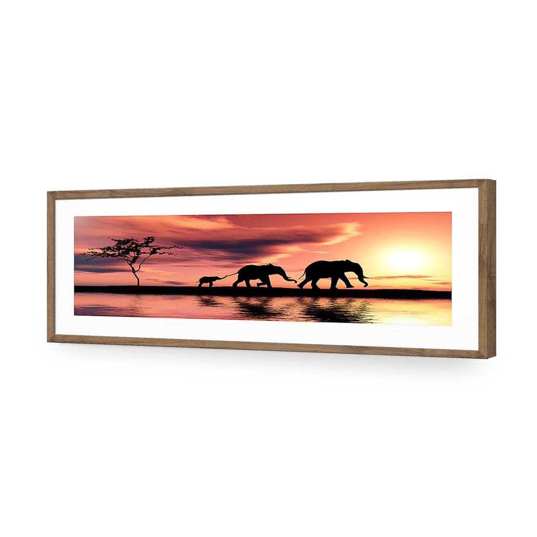 Family of Elephants at Sunset, Long Acrylic Print Art