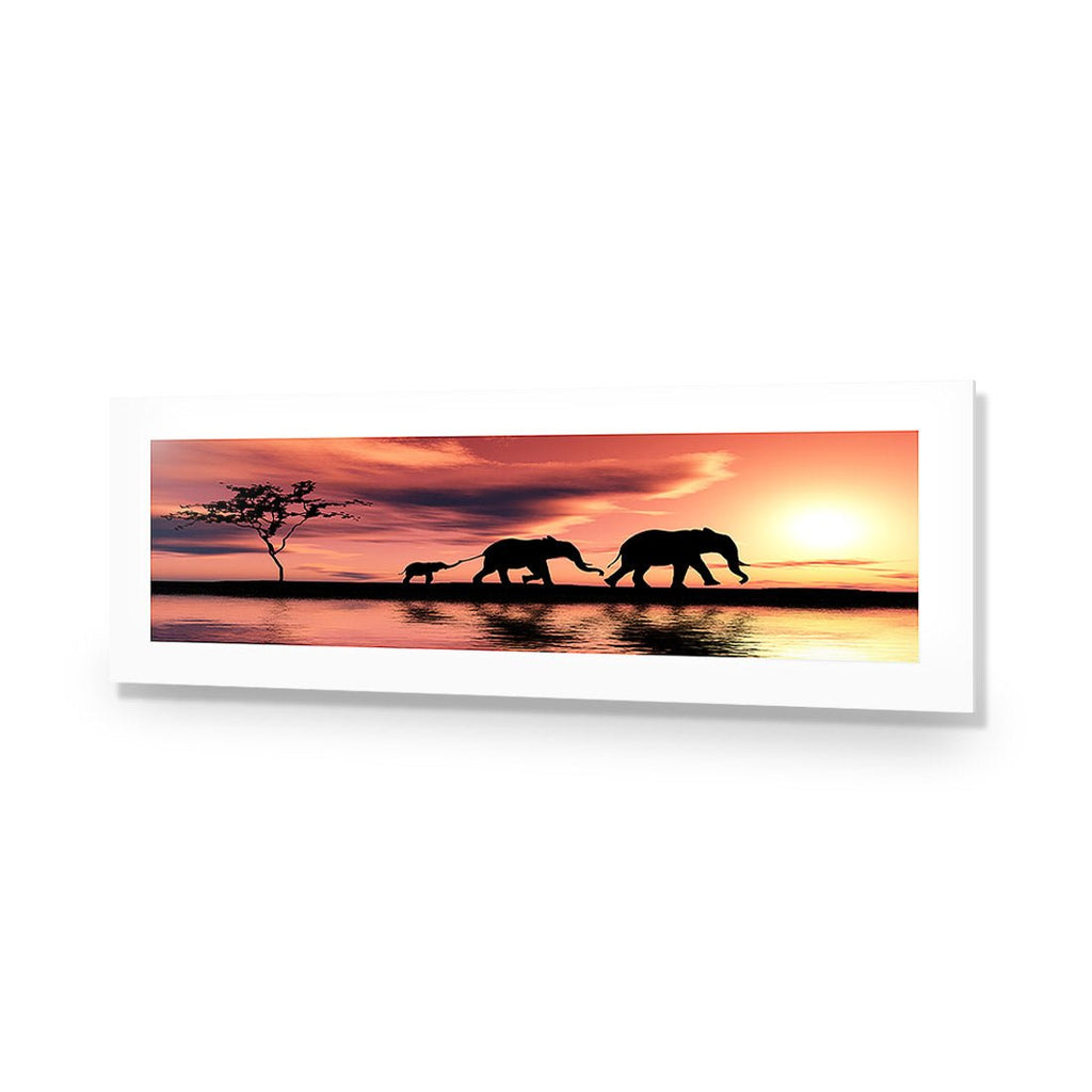 Family of Elephants at Sunset, Long Acrylic Print Art