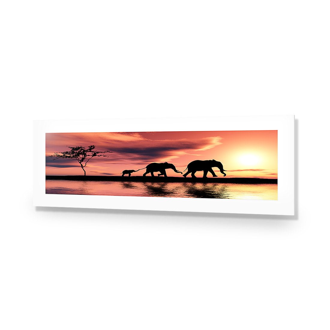 Family of Elephants at Sunset, Long Acrylic Print Art