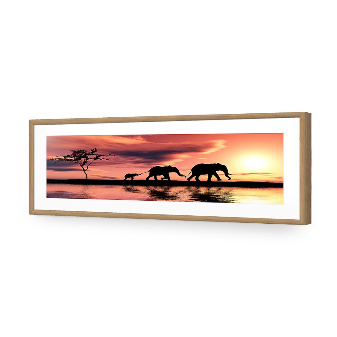 Family of Elephants at Sunset, Long Acrylic Print Art