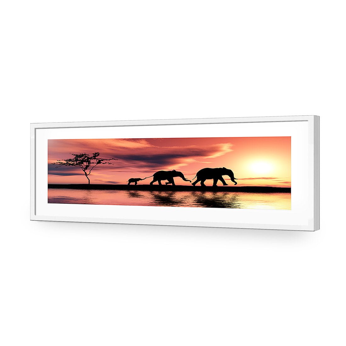 Family of Elephants at Sunset, Long Acrylic Print Art