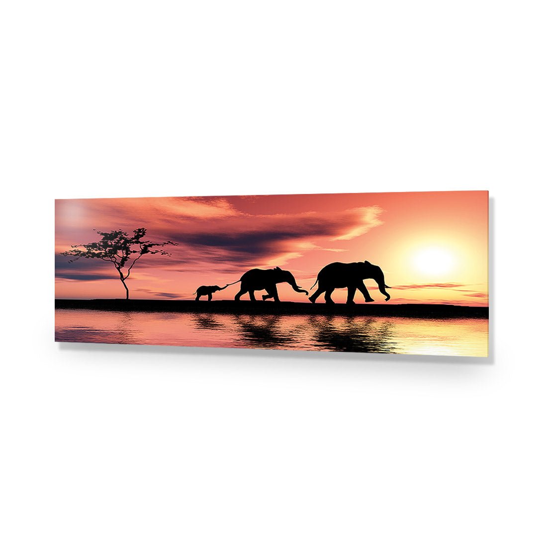 Family of Elephants at Sunset, Long Acrylic Print Art