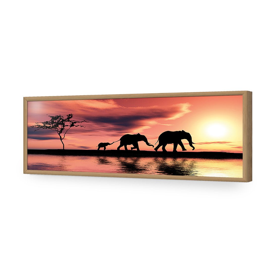 Family of Elephants at Sunset, Long Acrylic Print Art